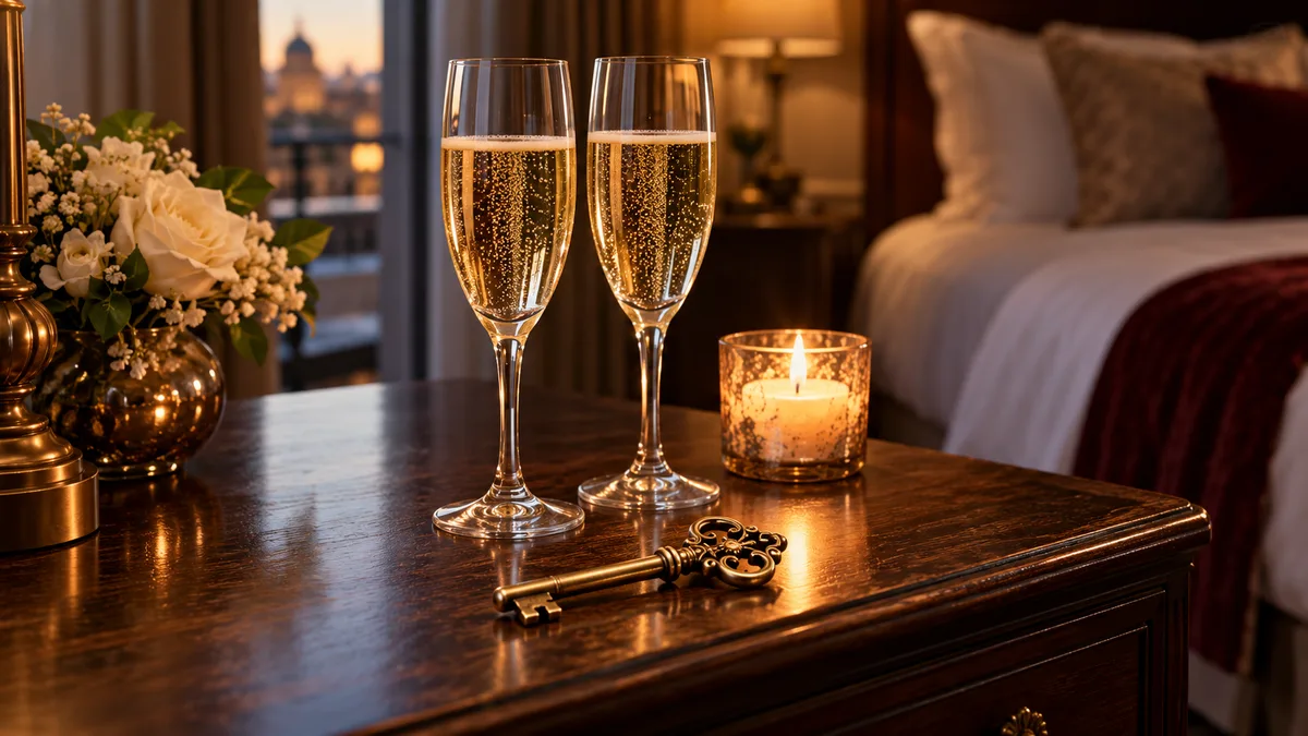 Couple libertin : deux coupes de champagne et une clé ancienne posées sur une table de nuit, lumière tamisée