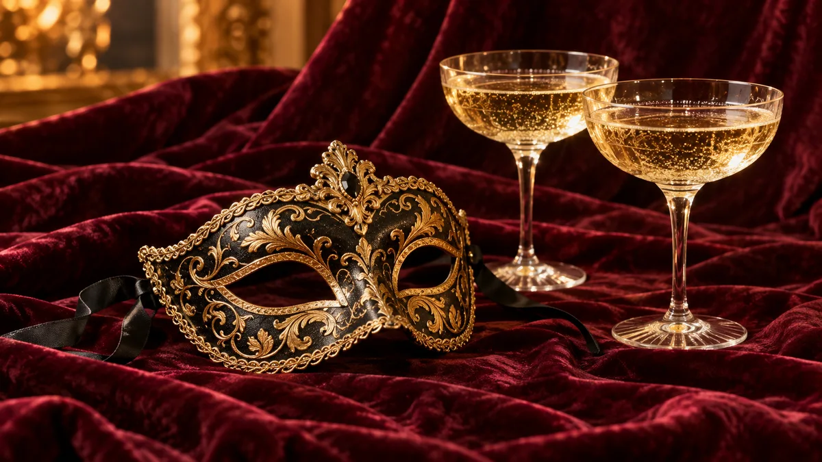 Libertinage : un masque vénitien noir et or posé sur un drapé de velours bordeaux, près de deux coupes de champagne