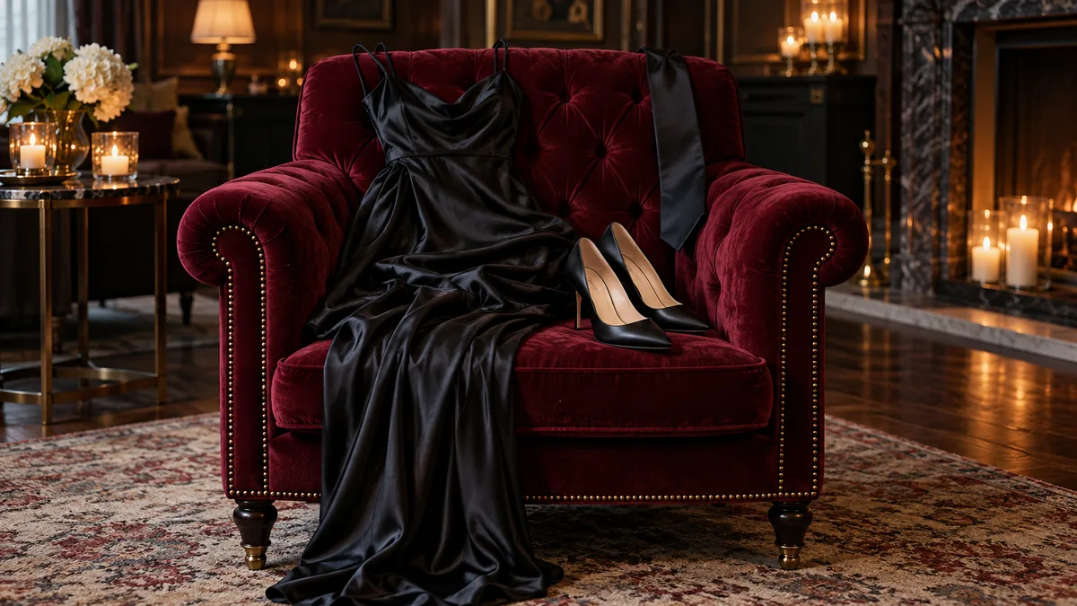 Tenue de club libertin posée sur un fauteuil de velours bordeaux : une robe noire, des escarpins et une cravate de soie